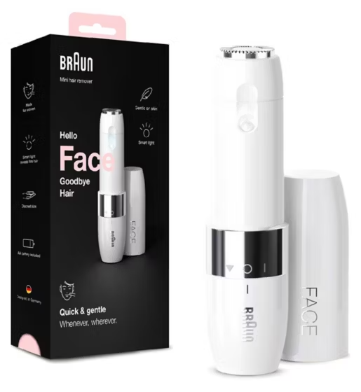 An elegantly designed, mini-sized electric facial hair remover for women, delivering fast and gentle hair removal results. The Braun Mini Hair Remover cuts hair close to skin level, leaving your face smooth, consistent and free of peach fuzz. Quick and gentle hair removal: whenever, wherever. Box includes: 1 X Mini Hair Remover 1 X White Cap 1 X Cleaning Brush 1 X AA Battery •SMOOTH SKIN: shaves hair cleanly and close to the skin, for easier makeup application •GENTLE & DISCREET: built for efficient and sensitive facial hair removal for women •QUICK & EASY: mini-sized design for portability - efficient facial hair removal anytime, anywhere •PRECISE: spot and isolate hairs with the facial hair remover’s built-in smartlight •VERSATILE: this facial shaver for women is easily usable on tricky areas of the face